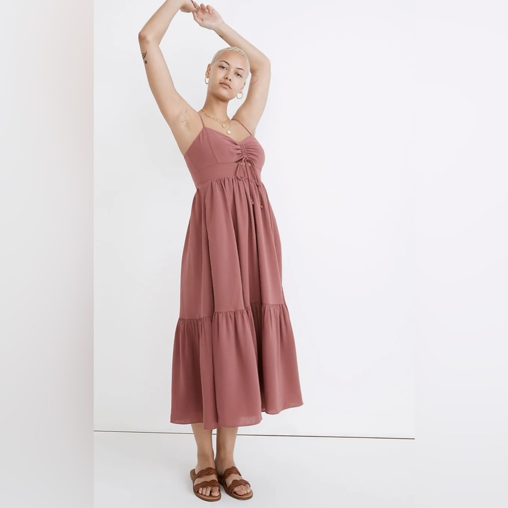 Madewell Ruched Keyhole Tiered Midi Dress